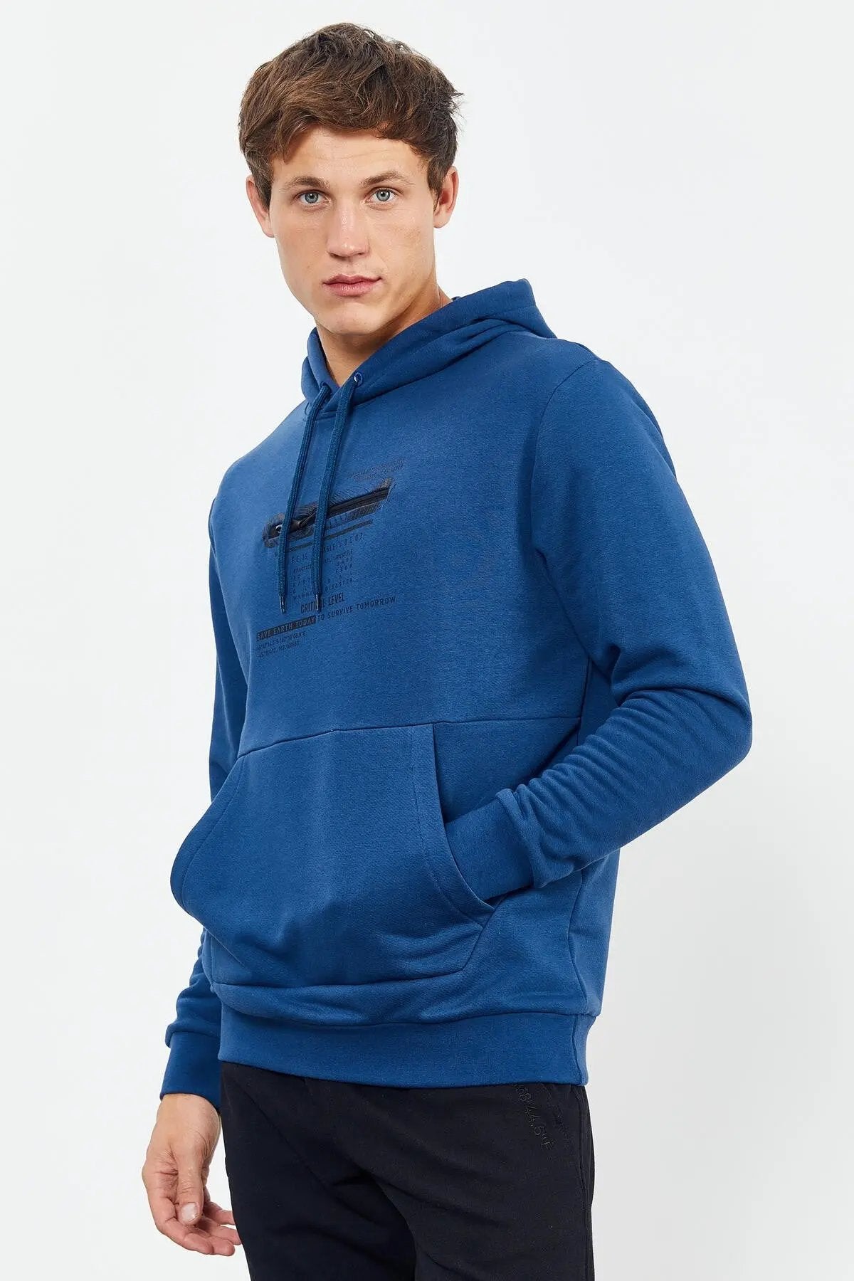baskili kapüşonlu kanguru cep rahat form erkek sweatshirt - 88019 - Justyol
