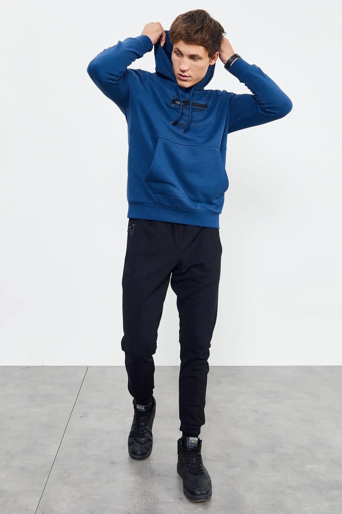 baskili kapüşonlu kanguru cep rahat form erkek sweatshirt - 88019 - Justyol