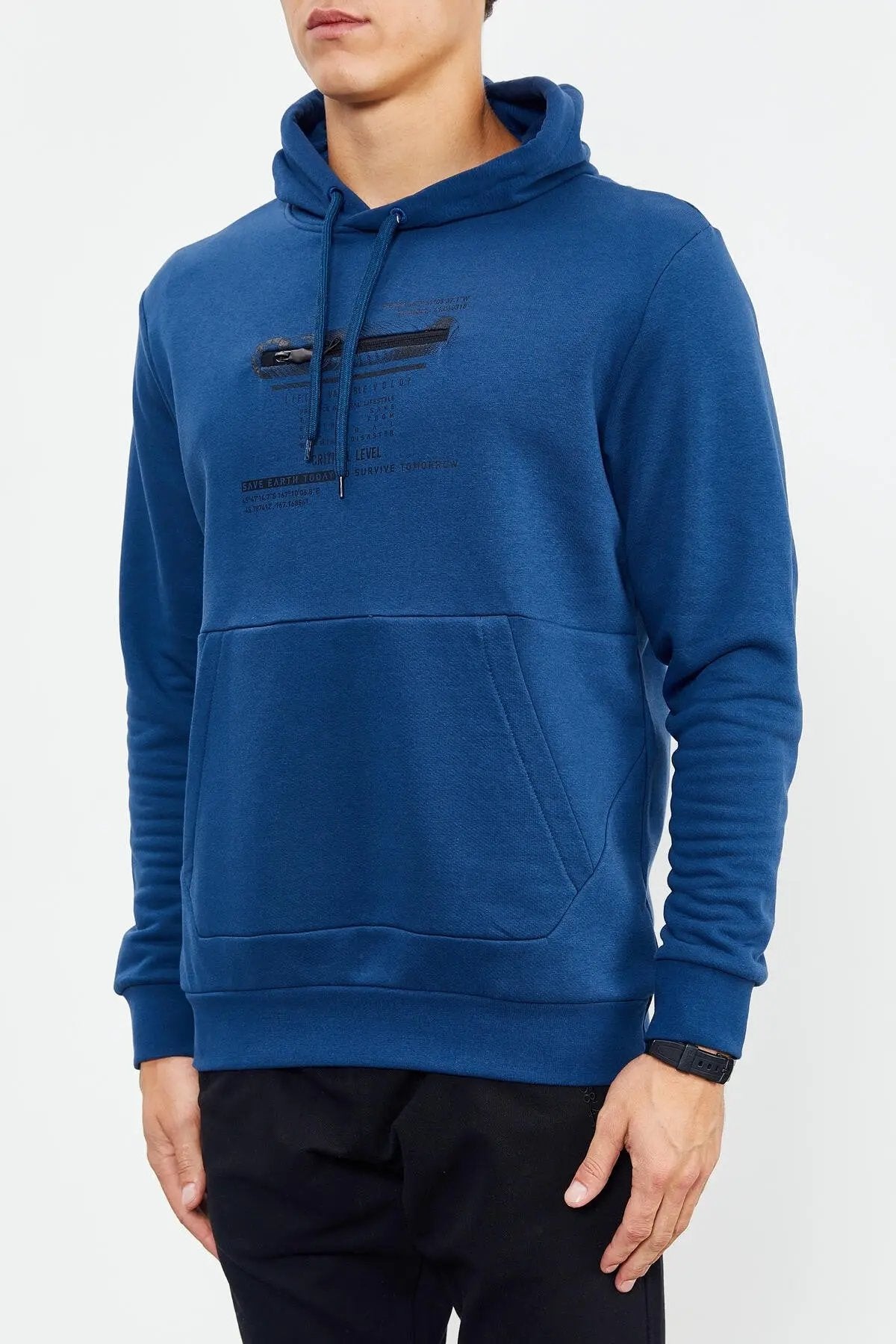 baskili kapüşonlu kanguru cep rahat form erkek sweatshirt - 88019 - Justyol