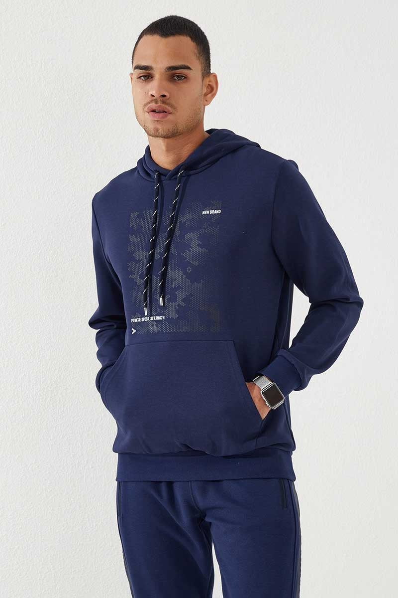 kamuflaj desen baskili standart kalip kapüşonlu erkek sweatshirt - 87884