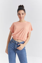 basic o yaka beli lastikli bürümcük kumaş kadin crop top t-shirt - 97227