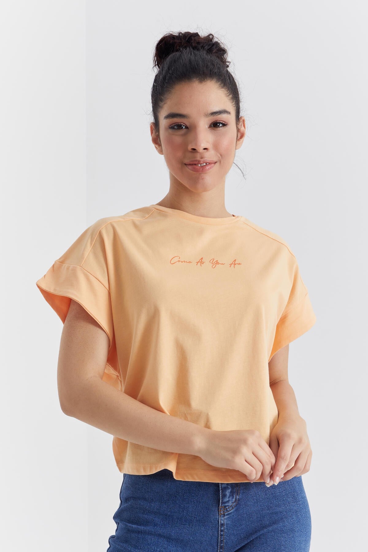 minimal yazi baskili o yaka oversize kadin t-shirt - 97219