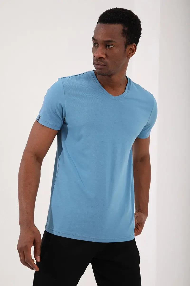 T-shirt homme basique col V manches courtes coupe standard- 87912 - Justyol
