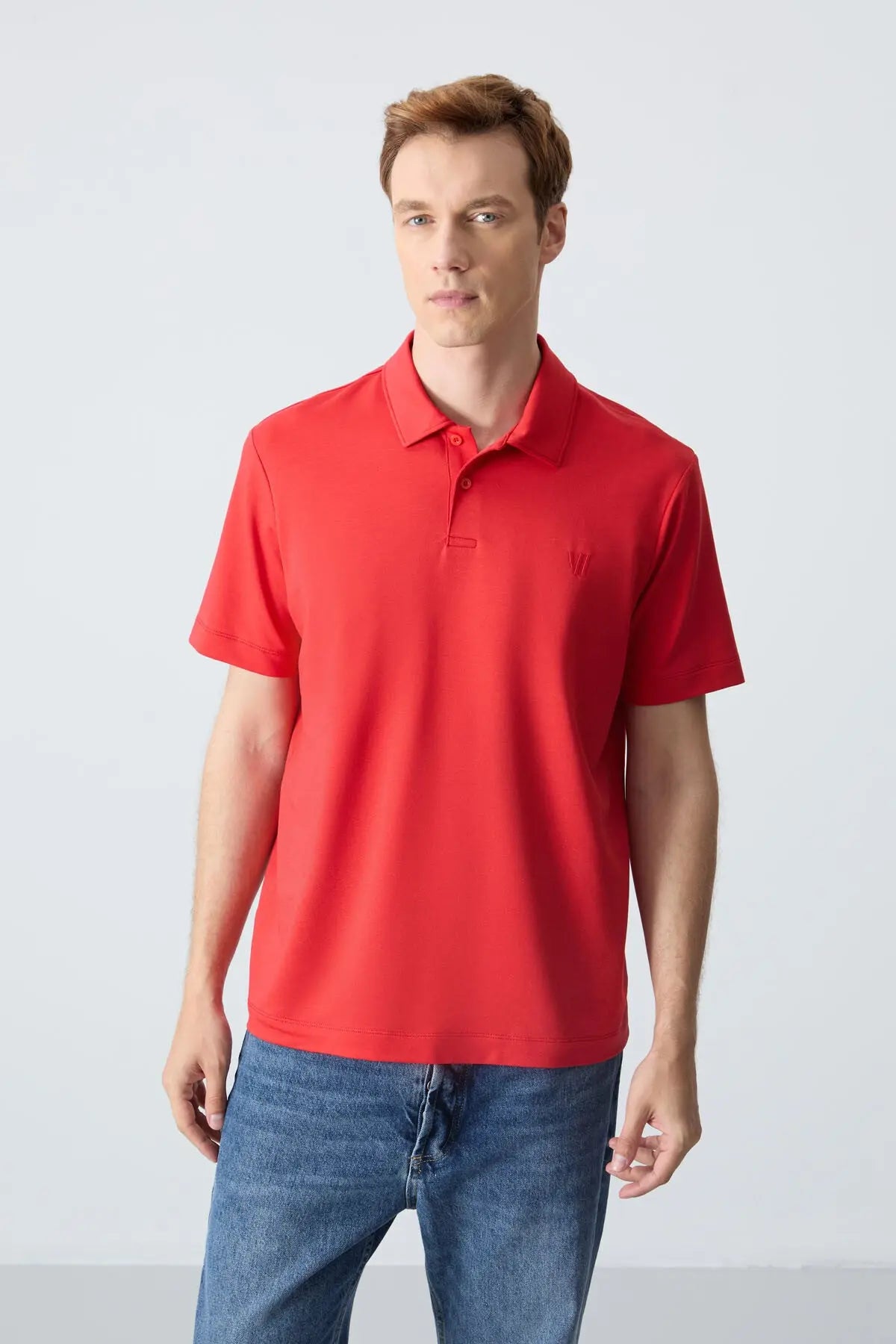 basic göğüs logolu standart kalip triko polo yaka erkek t-shirt - 87768 - Justyol