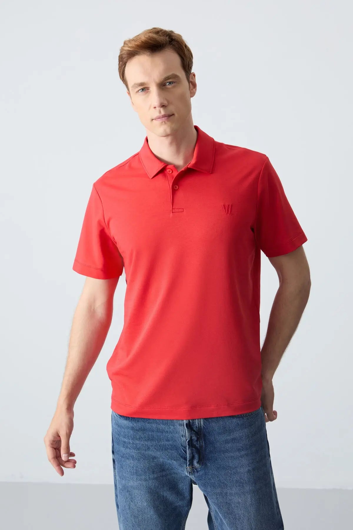 basic göğüs logolu standart kalip triko polo yaka erkek t-shirt - 87768 - Justyol