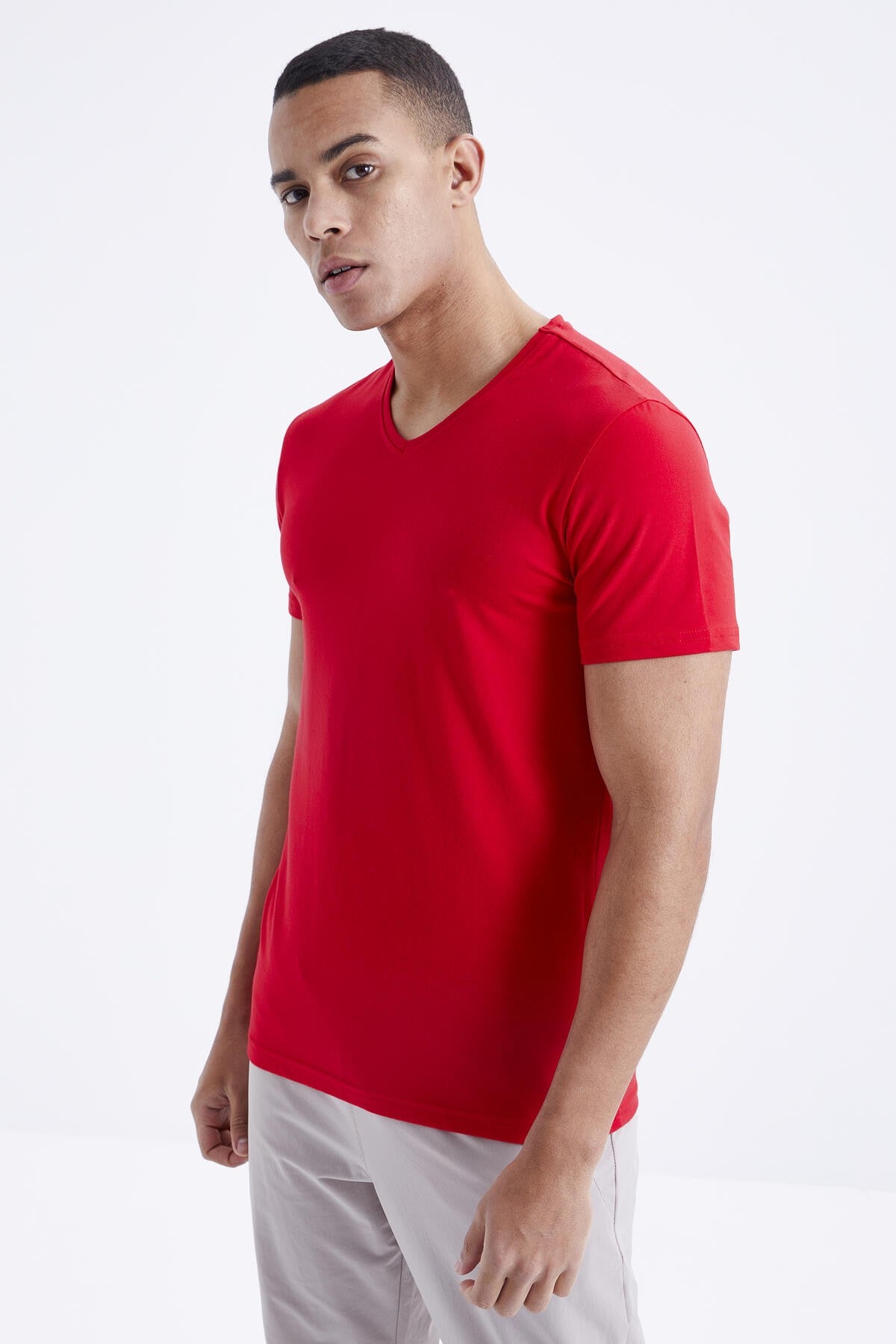 basic kisa kol standart kalip v yaka erkek t-shirt - 87912