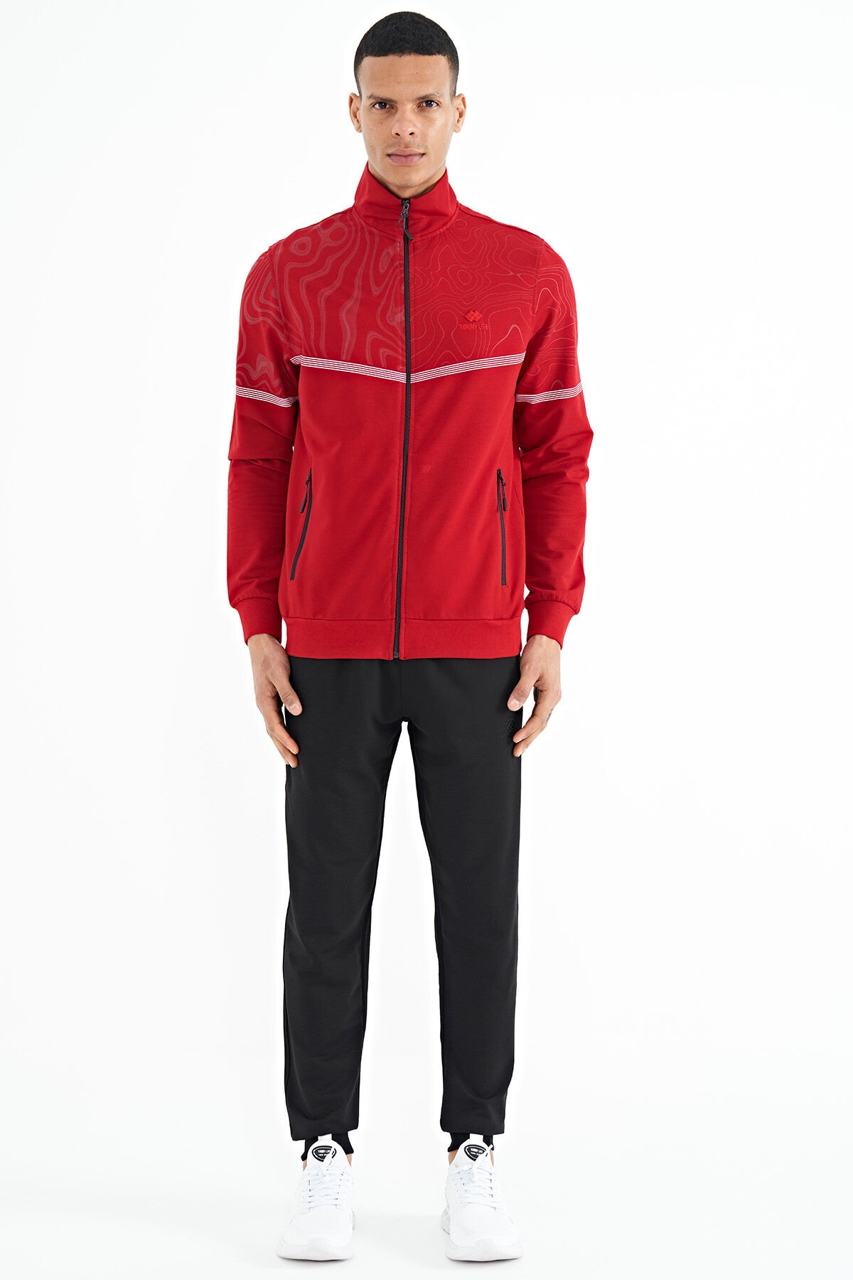 <tc>Ensemble de survêtement homme rouge et noir avec col montant et impressions, coupe confortable - 85205</tc>