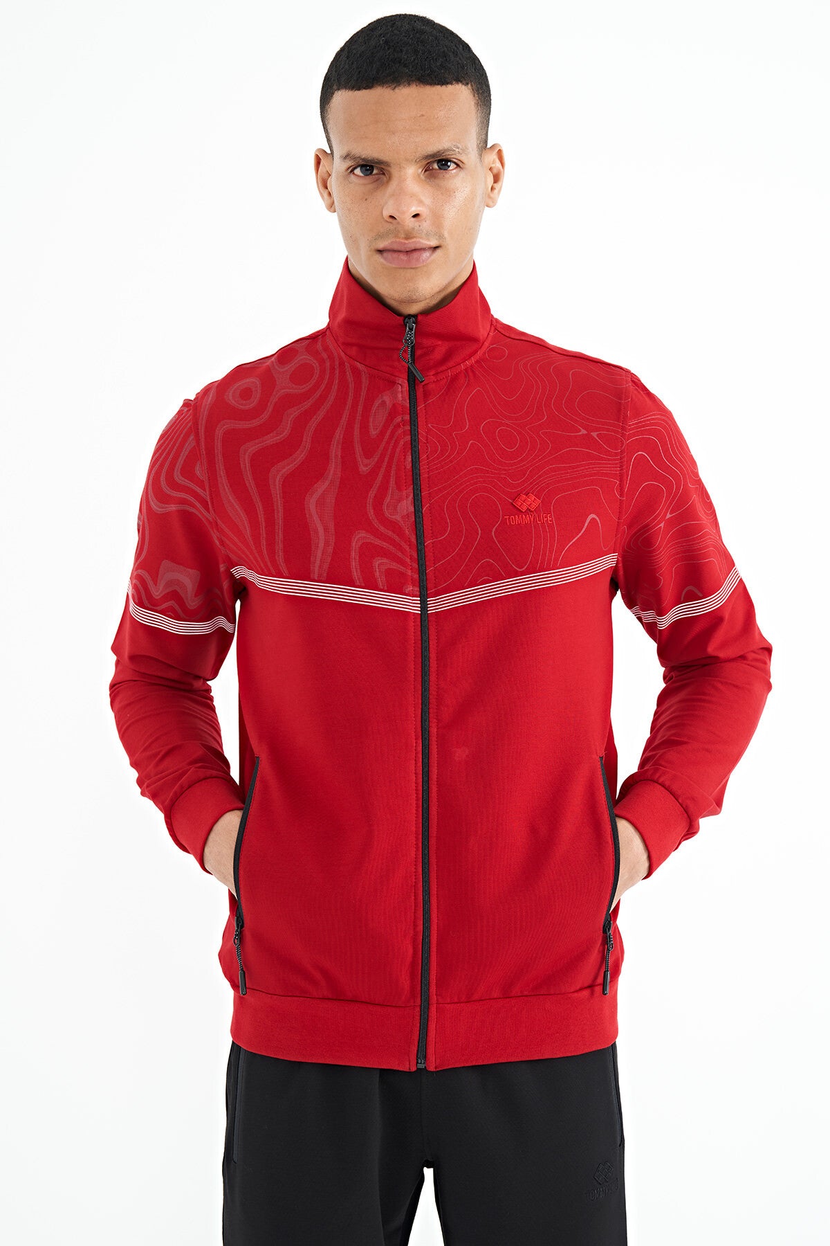 <tc>Ensemble de survêtement homme rouge et noir avec col montant et impressions, coupe confortable - 85205</tc>