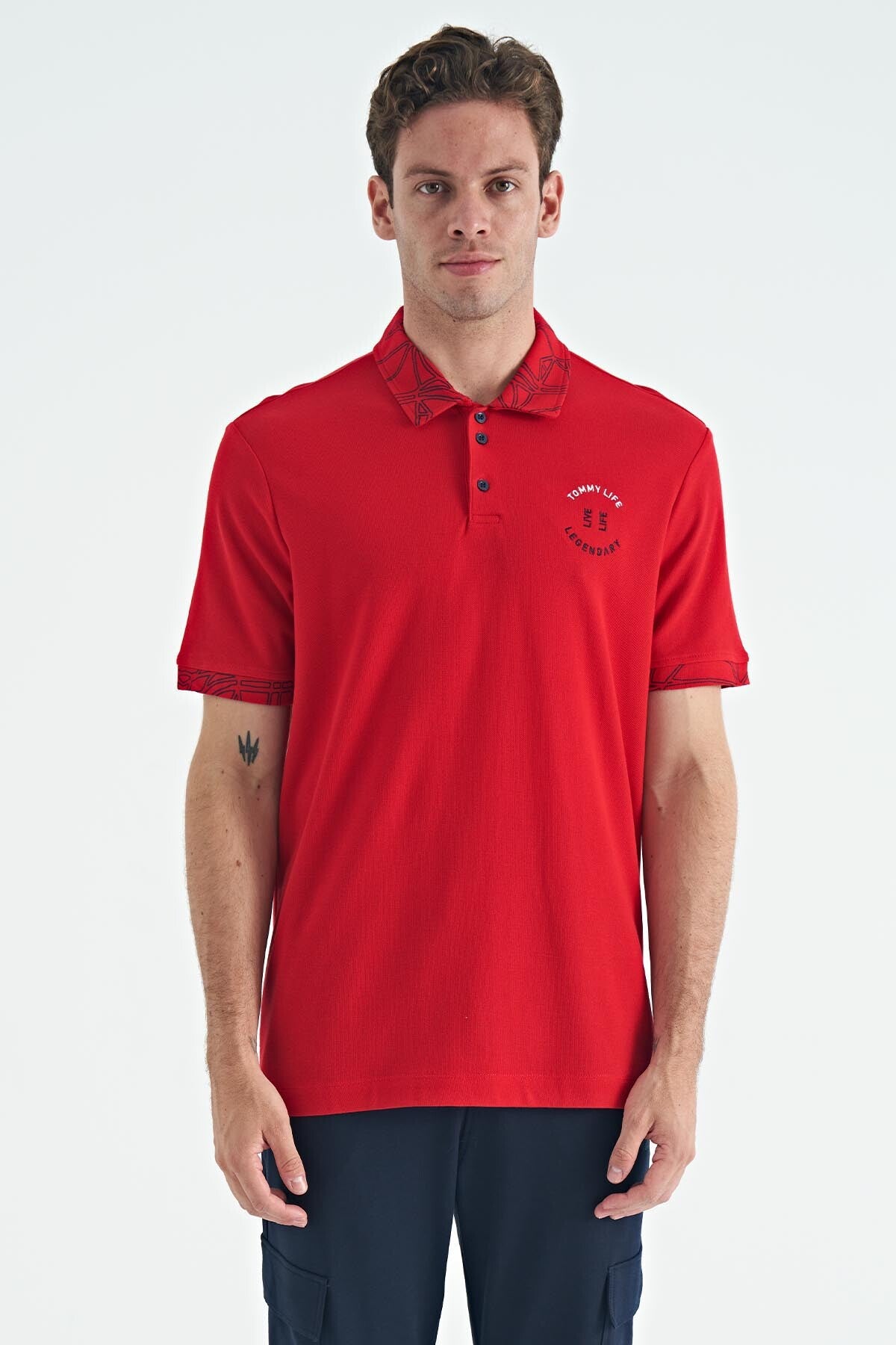 yazi nakişli baski detayli standart kalip polo yaka erkek t-shirt - 88239