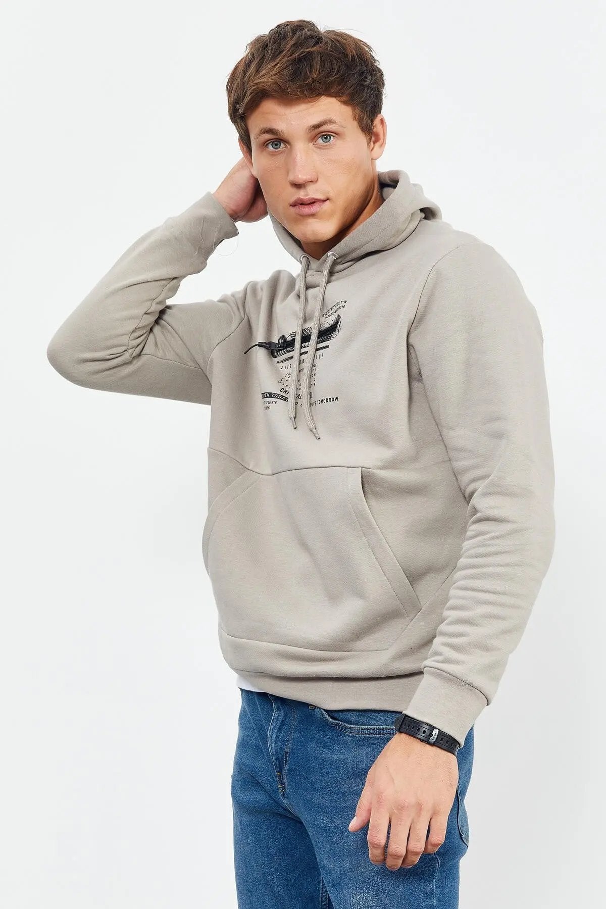 baskili kapüşonlu kanguru cep rahat form erkek sweatshirt - 88019 - Justyol