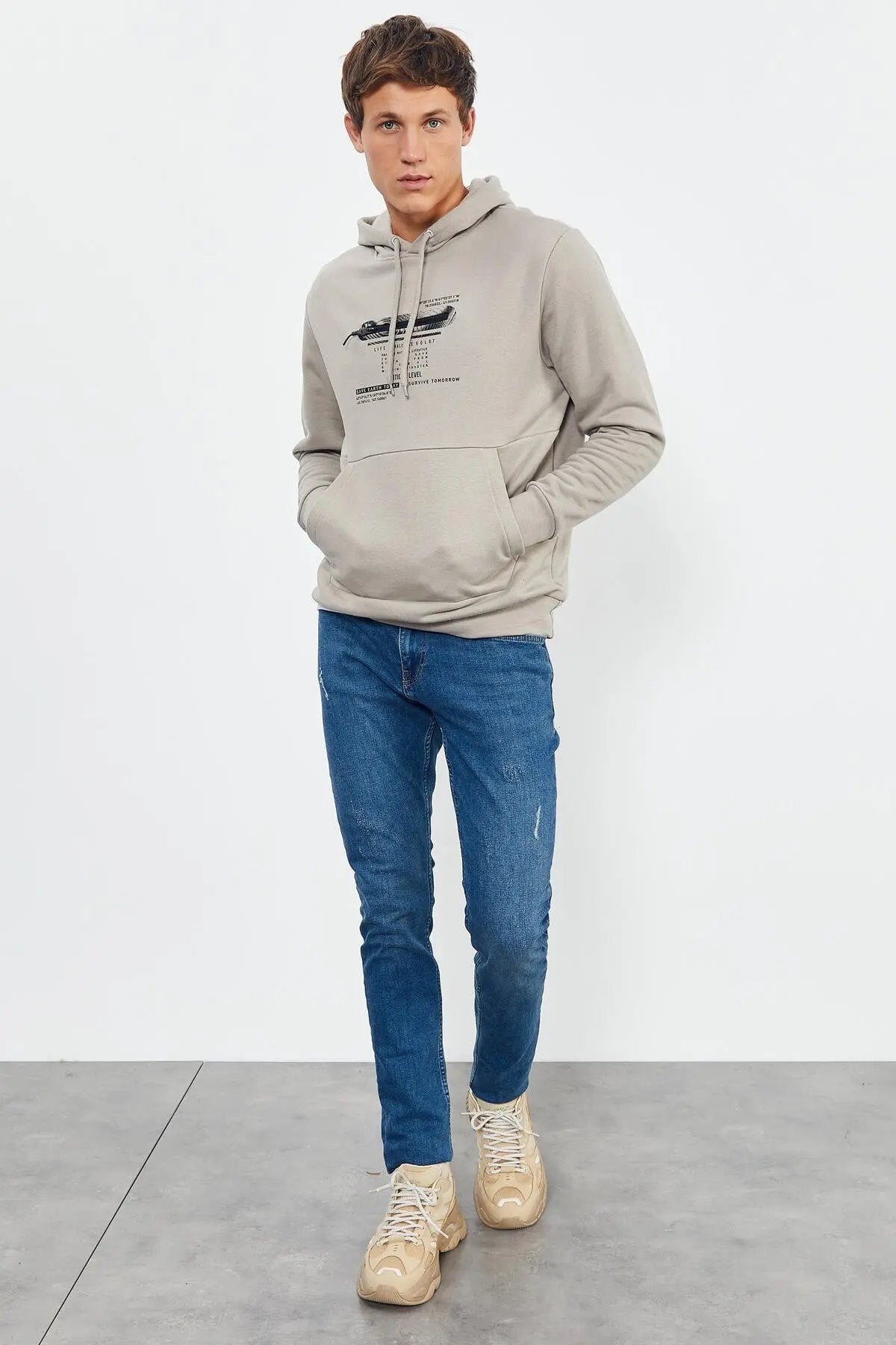 baskili kapüşonlu kanguru cep rahat form erkek sweatshirt - 88019 - Justyol