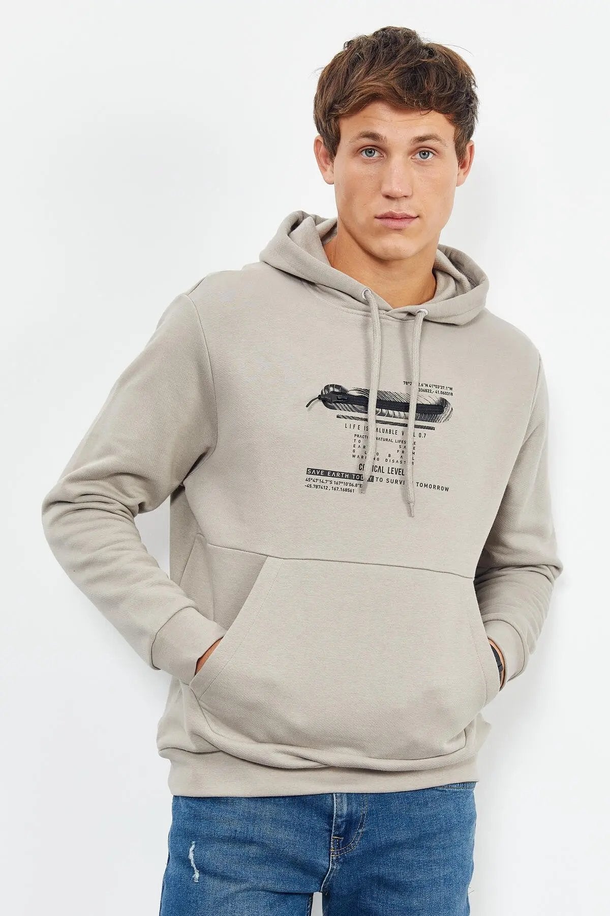 baskili kapüşonlu kanguru cep rahat form erkek sweatshirt - 88019 - Justyol