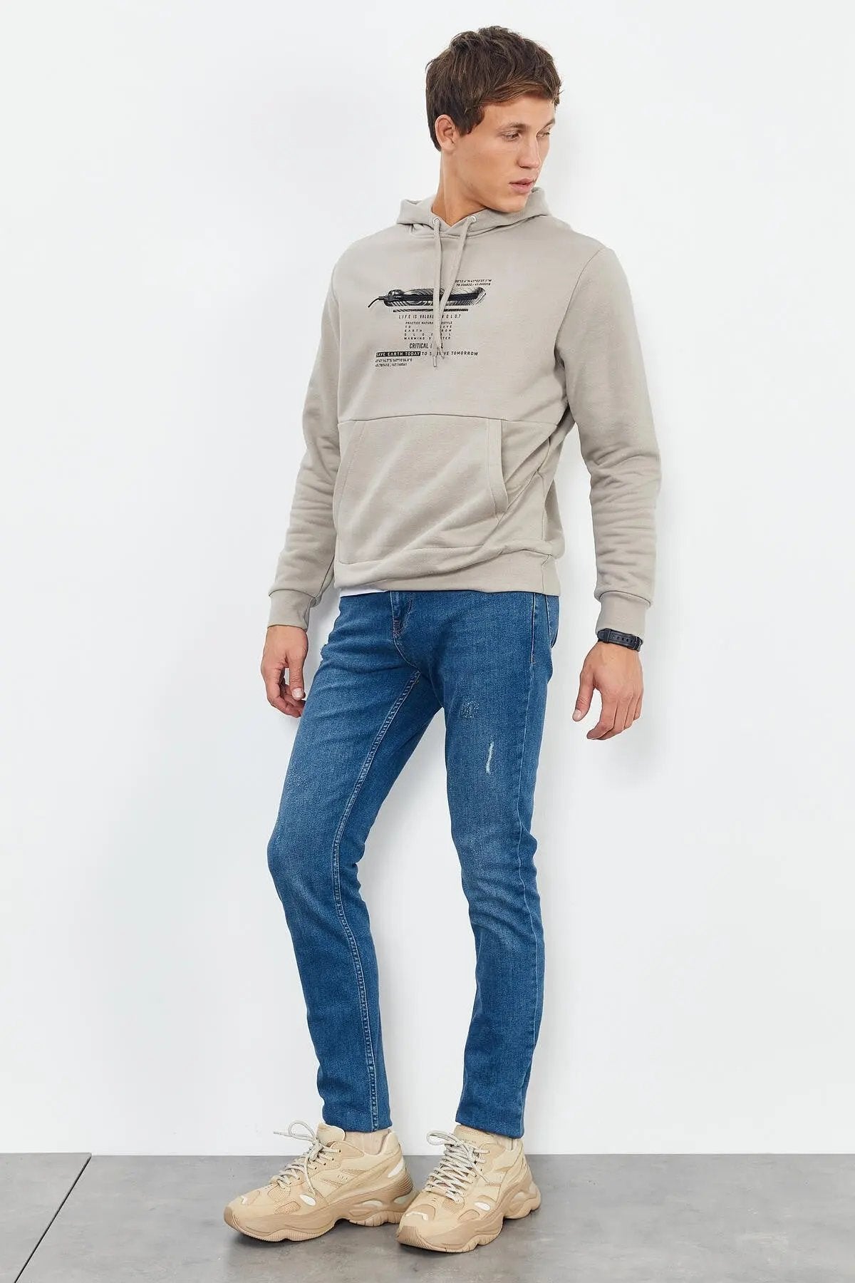baskili kapüşonlu kanguru cep rahat form erkek sweatshirt - 88019 - Justyol