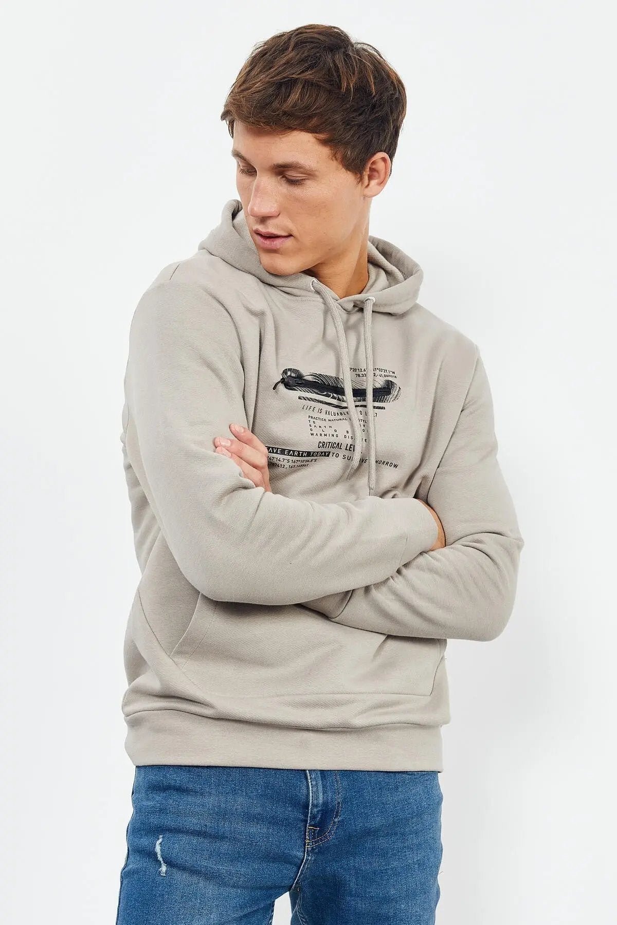 baskili kapüşonlu kanguru cep rahat form erkek sweatshirt - 88019 - Justyol