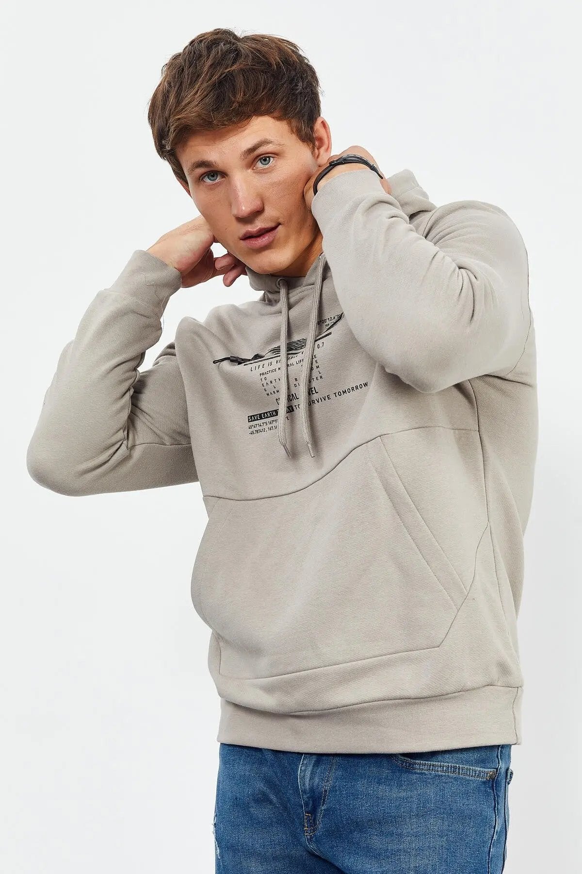 baskili kapüşonlu kanguru cep rahat form erkek sweatshirt - 88019 - Justyol