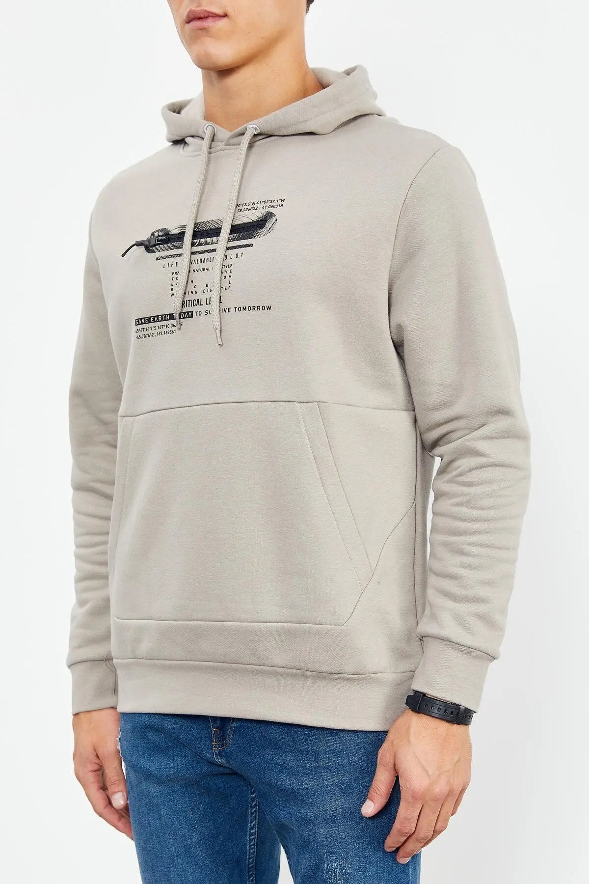baskili kapüşonlu kanguru cep rahat form erkek sweatshirt - 88019 - Justyol