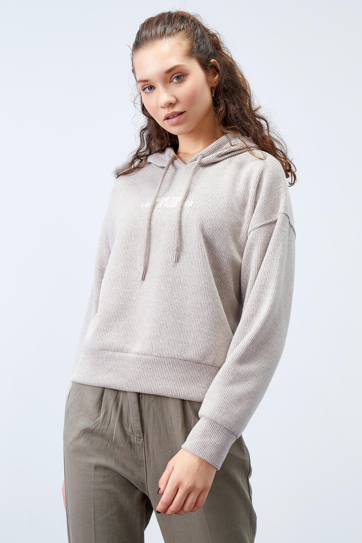 kapüşonlu yazi nakişli selanik kadin oversize sweatshirt - 97192