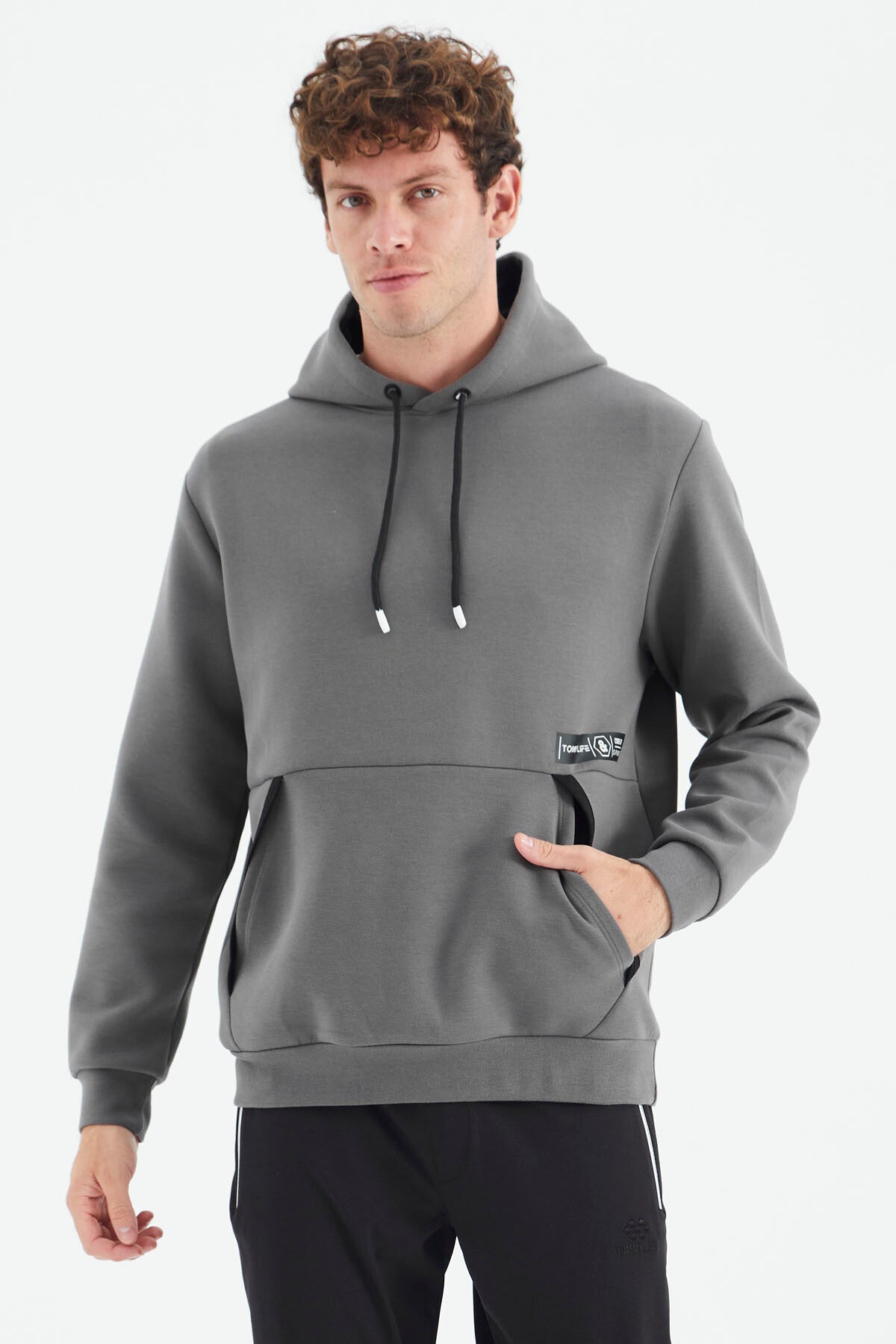 gri melanj kapüşonlu gizli cep detayli rahat kalip erkek sweatshirt - 88282