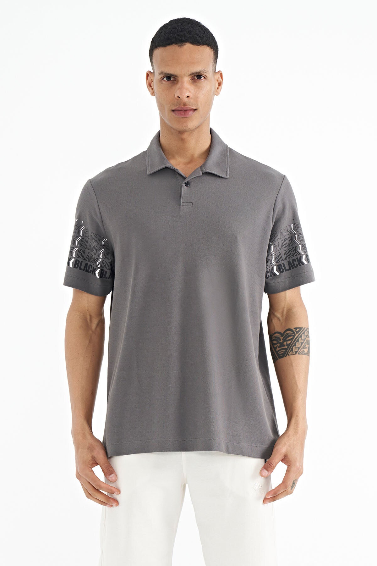 kol baski detayli polo yaka standart form erkek t-shirt - 88240