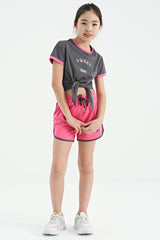 <tc>Ensemble fille avec short, haut en col rond à imprimé fiesta et détails de nœud, coupe confortable - 75132</tc>