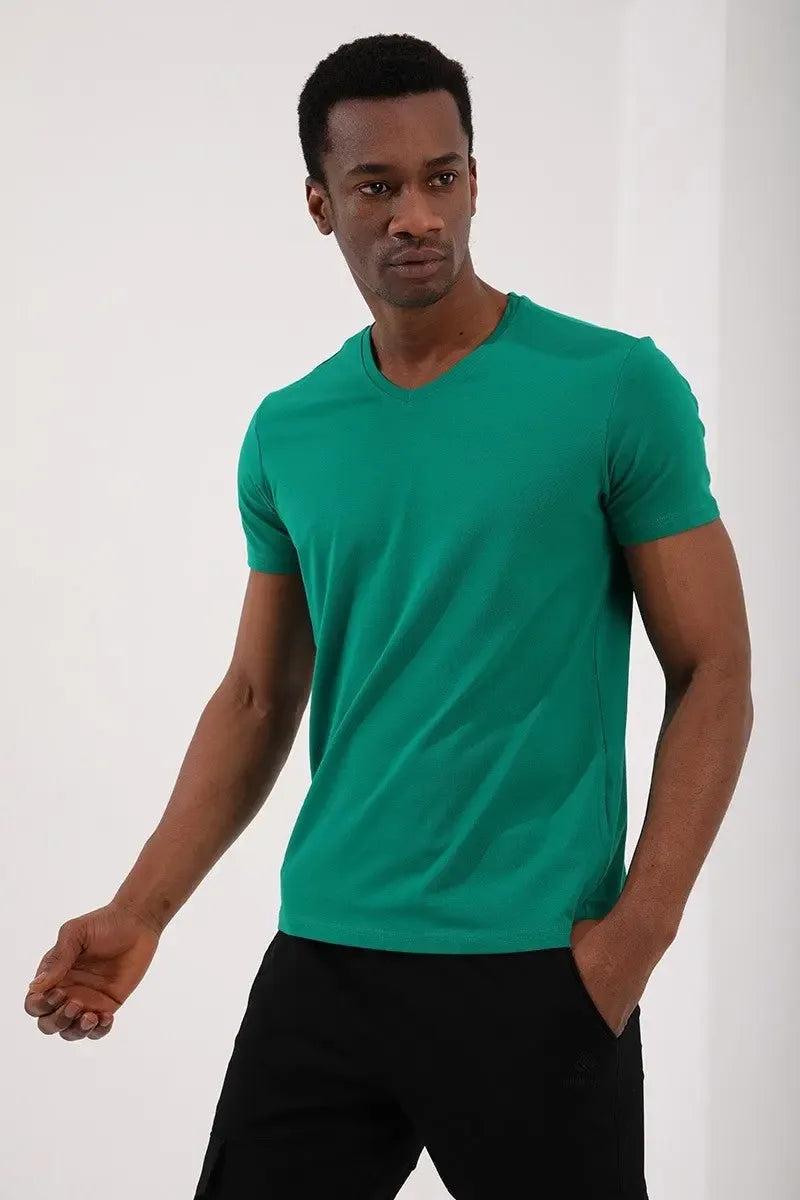 T-shirt homme basique col V manches courtes coupe standard- 87912 - Justyol