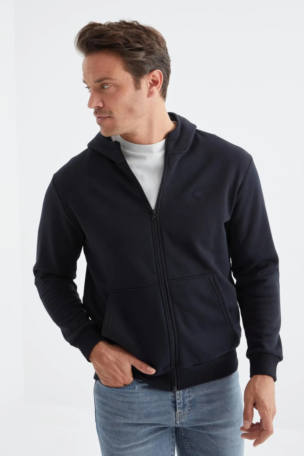 basic kapüşonlu rahat form nakiş detayli fermuarli erkek sweatshirt - 88035 - Justyol