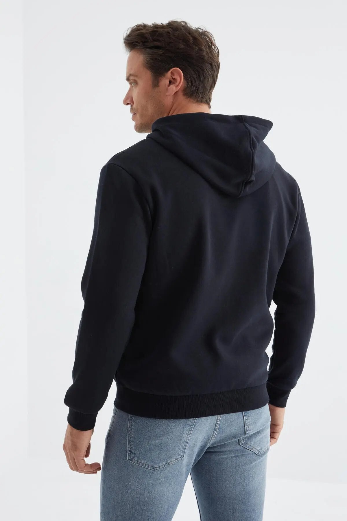 basic kapüşonlu rahat form nakiş detayli fermuarli erkek sweatshirt - 88035 - Justyol