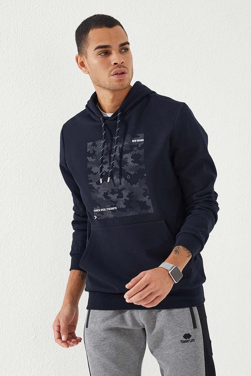 kamuflaj desen baskili standart kalip kapüşonlu erkek sweatshirt - 87884