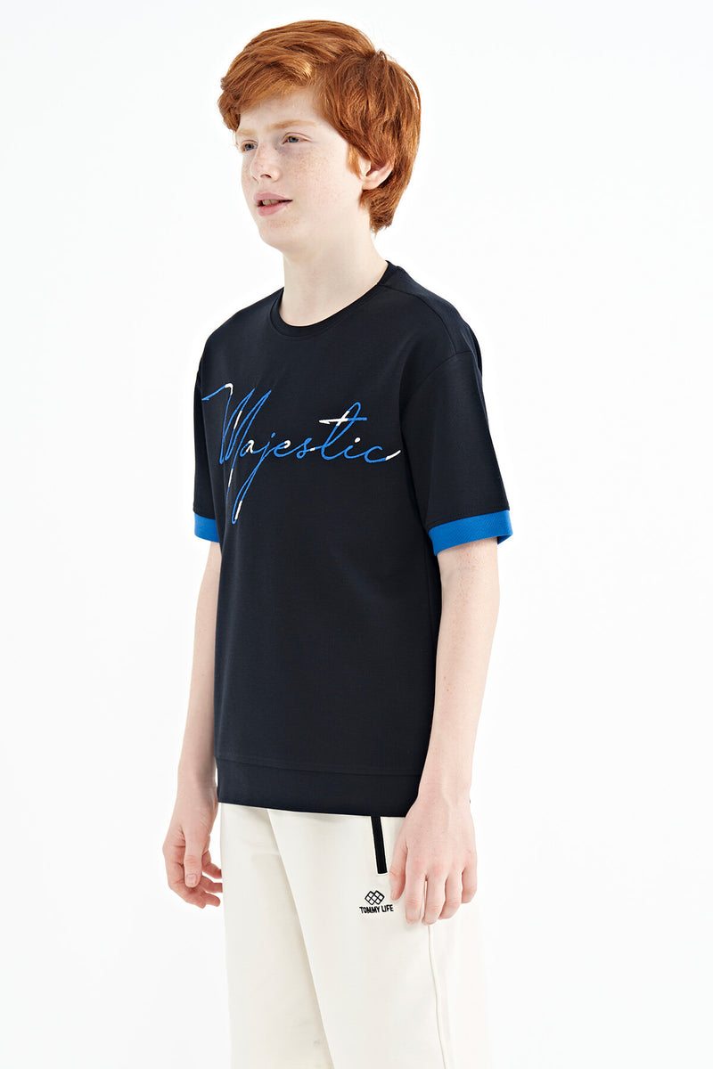 T-shirt Garçon Oversize Col Rond avec Broderie Texte