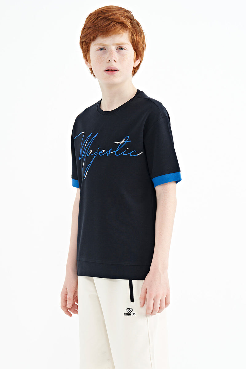 T-shirt Garçon Oversize Col Rond avec Broderie Texte