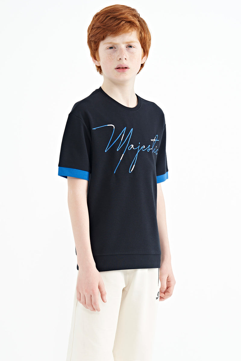 T-shirt Garçon Oversize Col Rond avec Broderie Texte