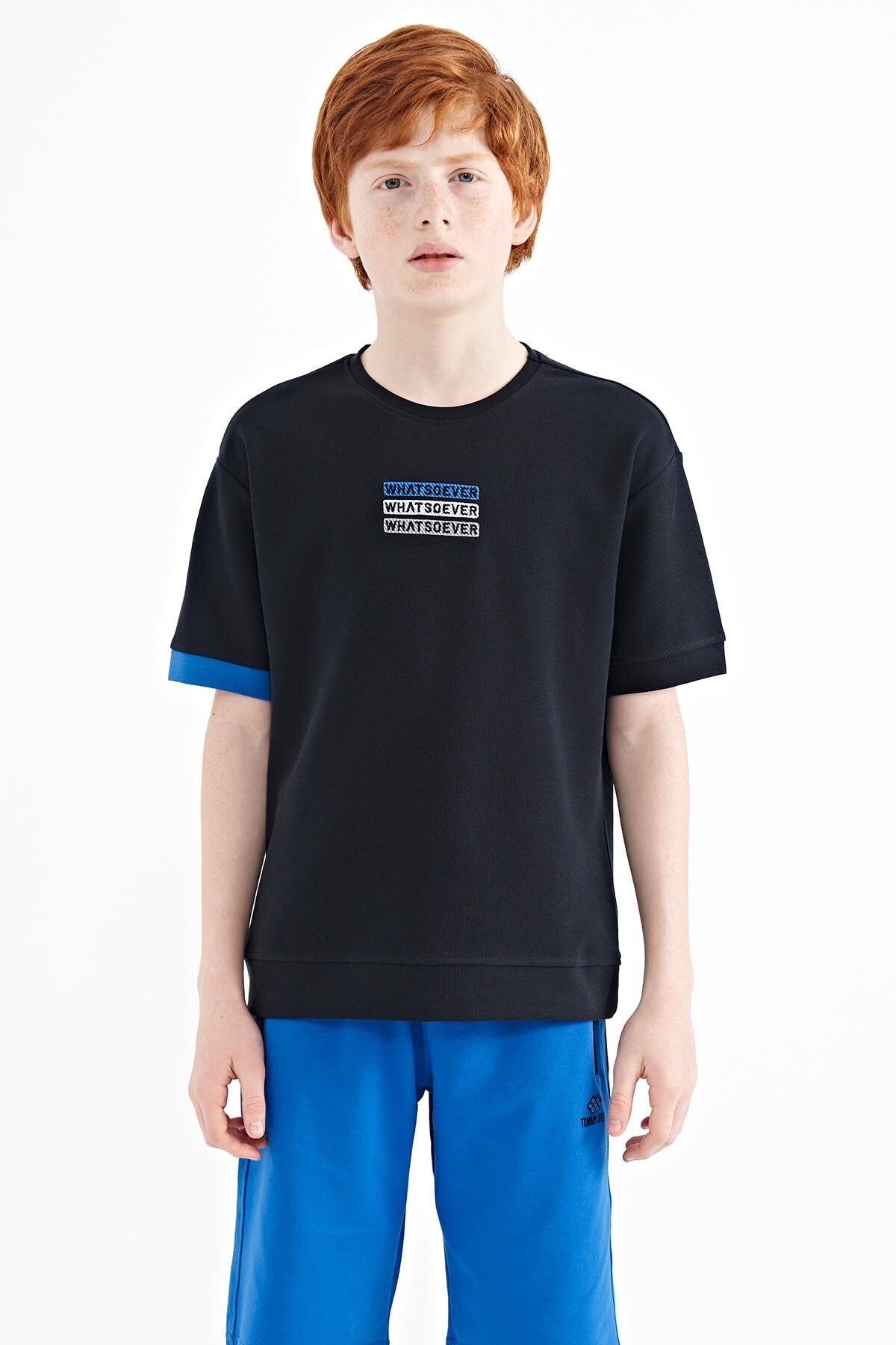 <tc>T-shirt oversize pour garçon à col rond avec broderie de texte - 11146</tc>