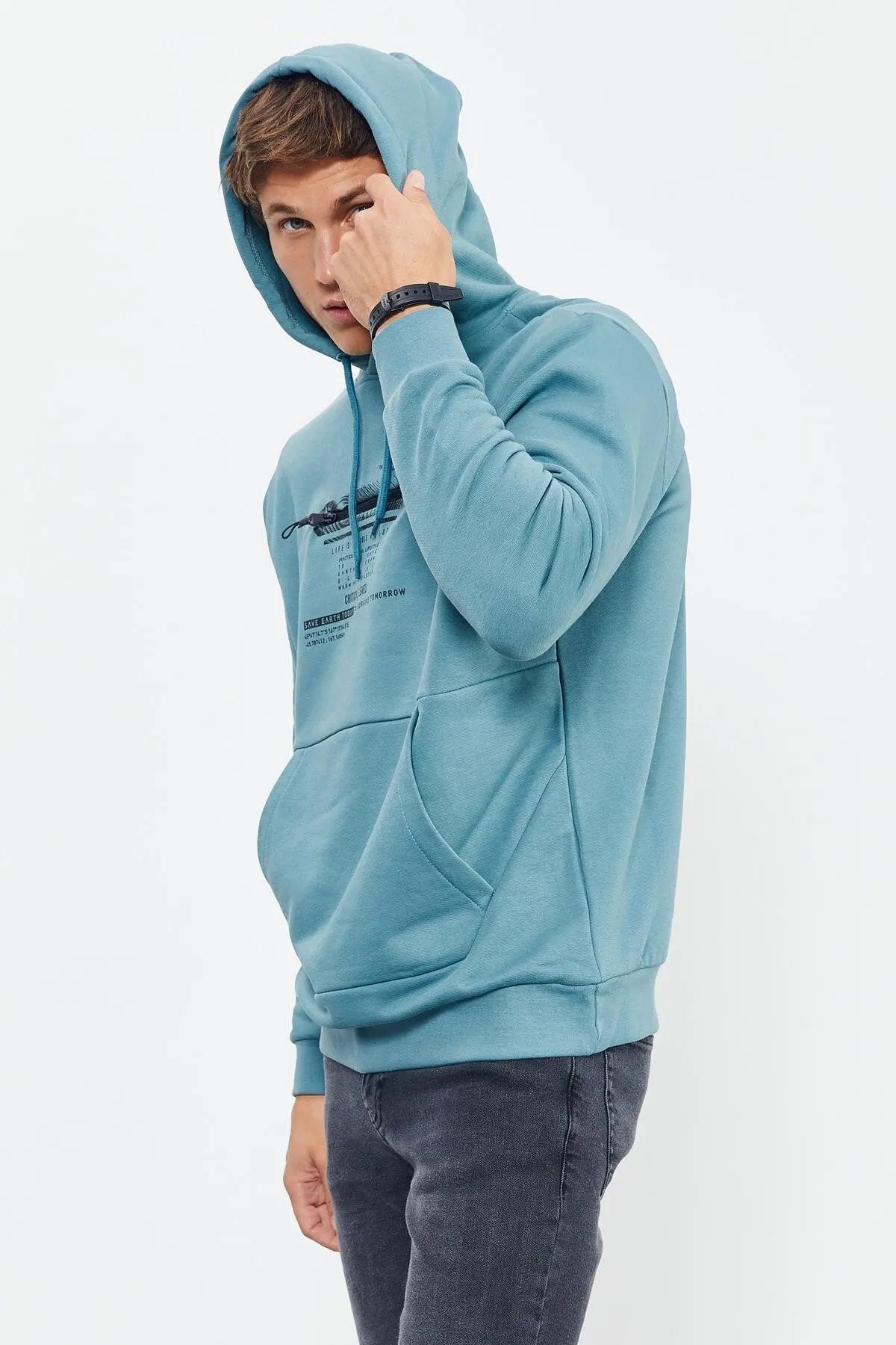 baskili kapüşonlu kanguru cep rahat form erkek sweatshirt - 88019 - Justyol