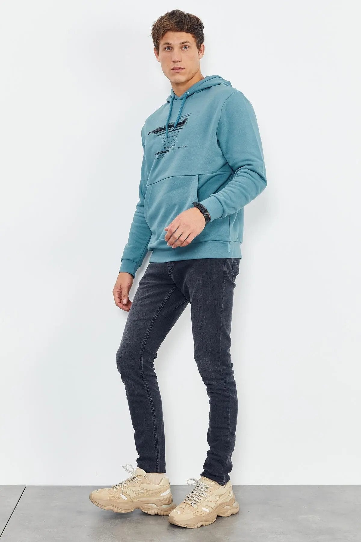 baskili kapüşonlu kanguru cep rahat form erkek sweatshirt - 88019 - Justyol