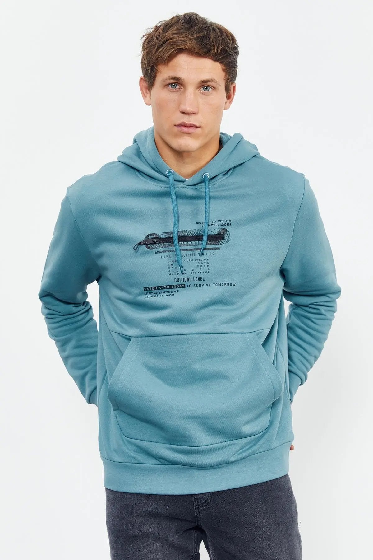 baskili kapüşonlu kanguru cep rahat form erkek sweatshirt - 88019 - Justyol