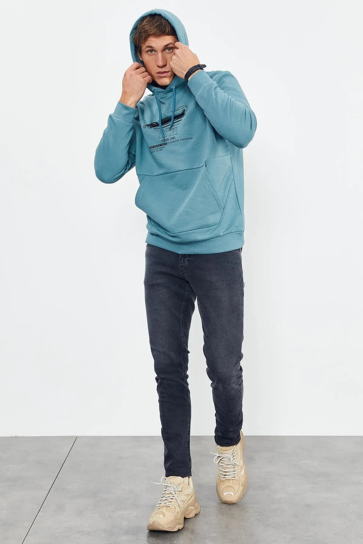 baskili kapüşonlu kanguru cep rahat form erkek sweatshirt - 88019 - Justyol