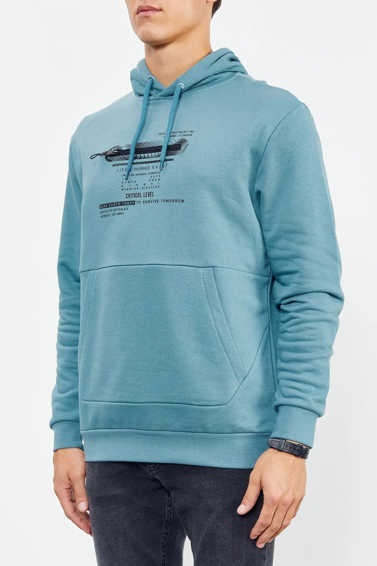 baskili kapüşonlu kanguru cep rahat form erkek sweatshirt - 88019 - Justyol
