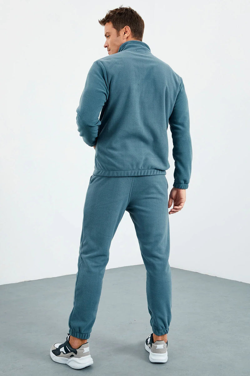 Ensemble de survêtement pour homme en polaire à demi-fermeture éclair, col montant et bas de pantalon élastiqués - 85159