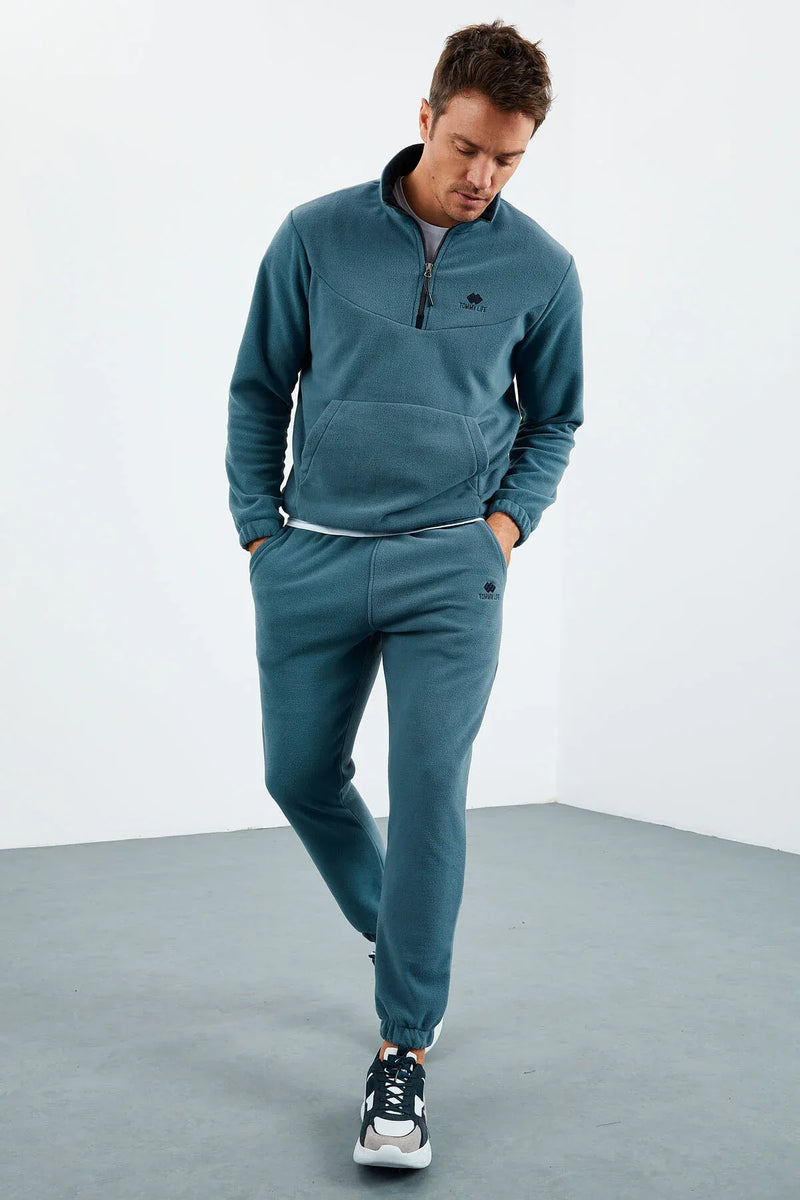 Ensemble de survêtement pour homme en polaire à demi-fermeture éclair, col montant et bas de pantalon élastiqués - 85159