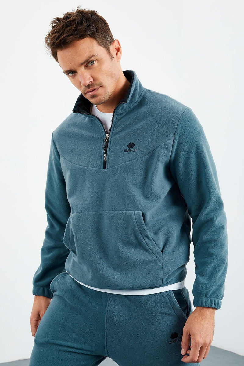 Ensemble de survêtement pour homme en polaire à demi-fermeture éclair, col montant et bas de pantalon élastiqués - 85159