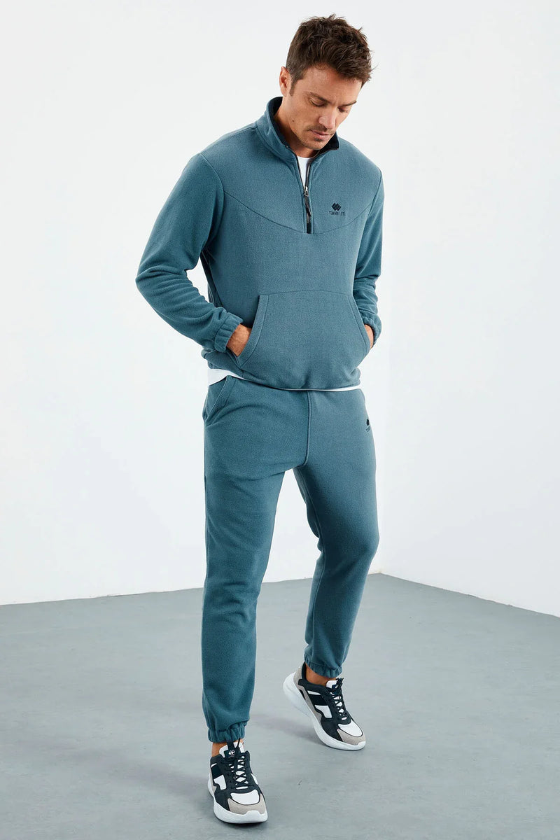 Ensemble de survêtement pour homme en polaire à demi-fermeture éclair, col montant et bas de pantalon élastiqués - 85159