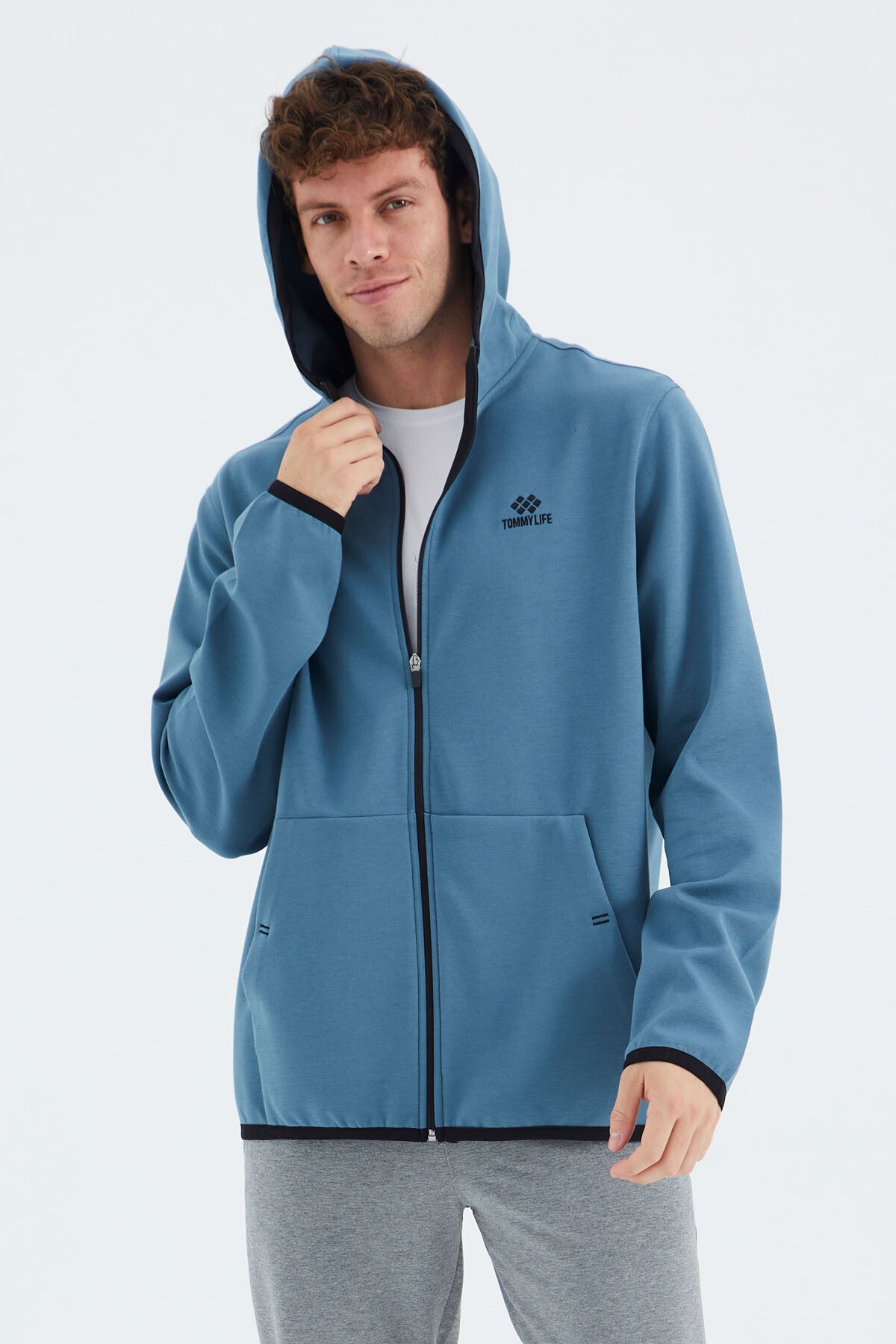 gri melanj fermuarli kapüşonlu cep detayli rahat kalip erkek sweatshirt - 88271