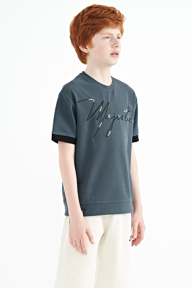 T-shirt Garçon Oversize Col Rond avec Broderie Texte