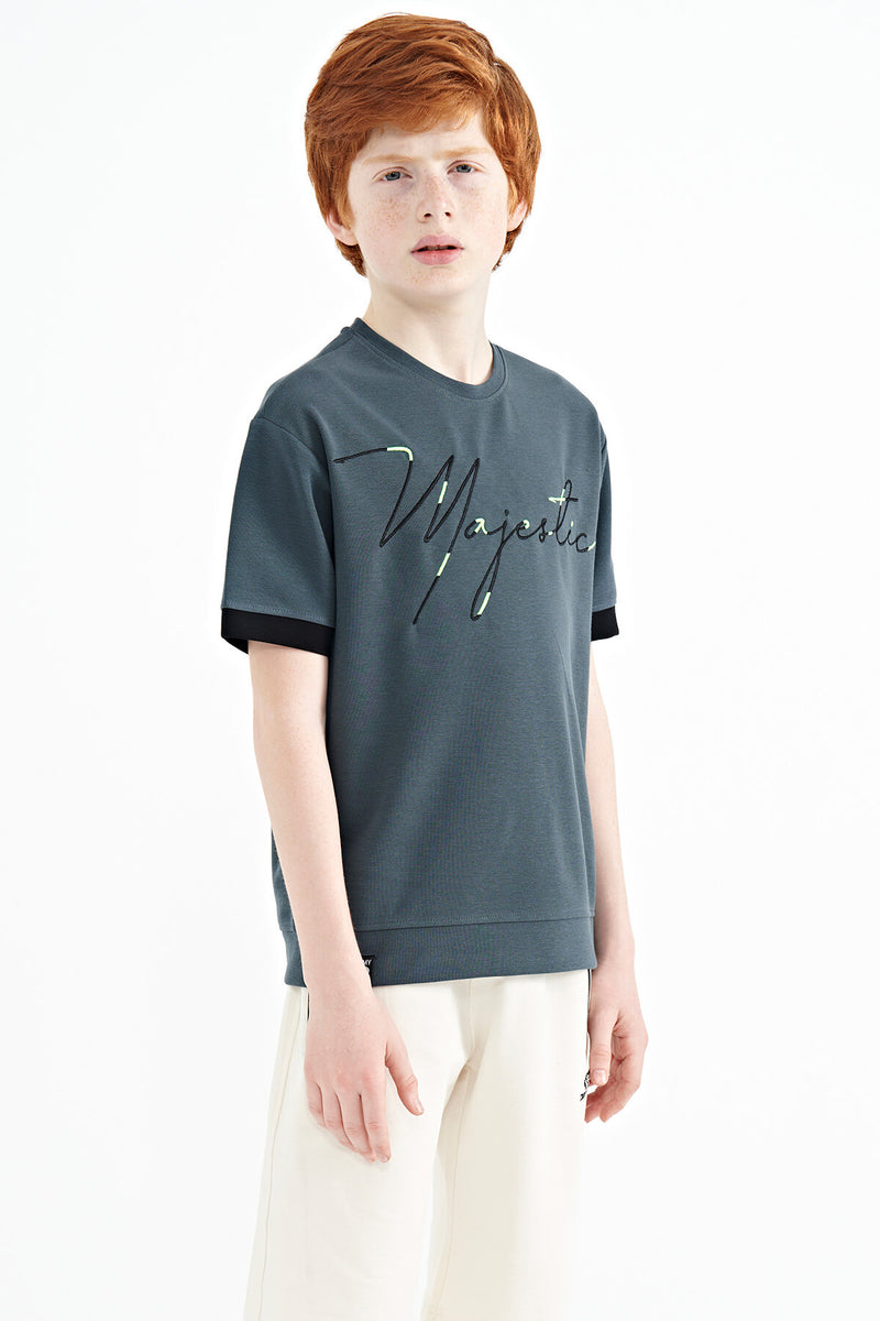 T-shirt Garçon Oversize Col Rond avec Broderie Texte
