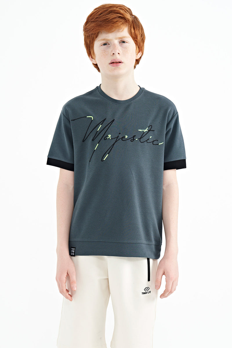 T-shirt Garçon Oversize Col Rond avec Broderie Texte