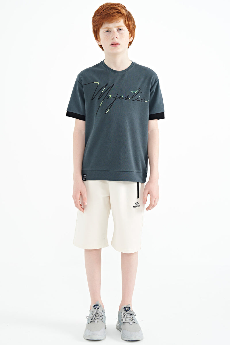 T-shirt Garçon Oversize Col Rond avec Broderie Texte