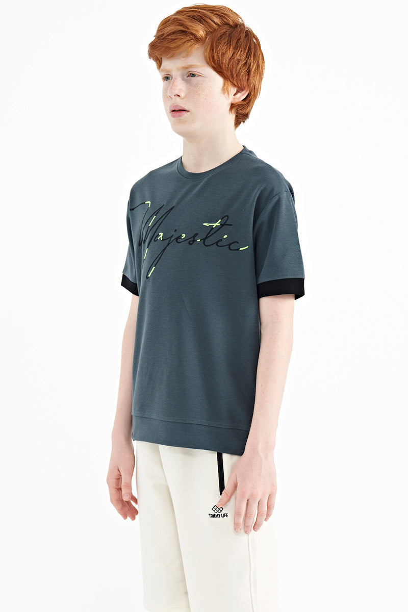 T-shirt Garçon Oversize Col Rond avec Broderie Texte
