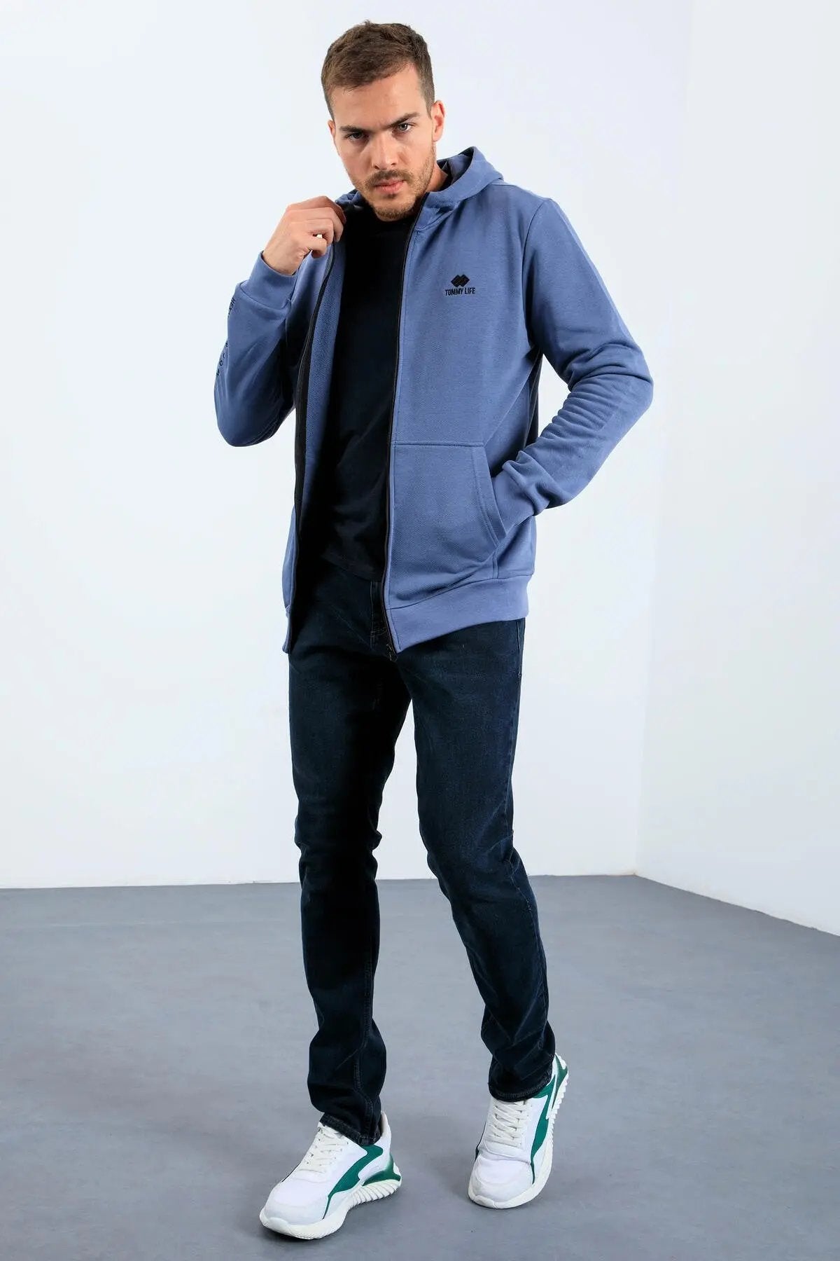 basic kapüşonlu rahat form nakiş detayli fermuarli erkek sweatshirt - 88035 - Justyol