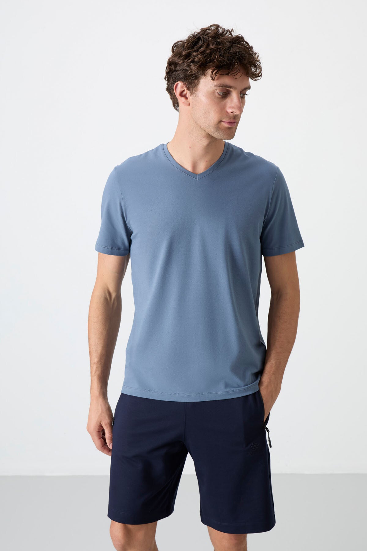 basic kisa kol standart kalip v yaka erkek t-shirt - 87912