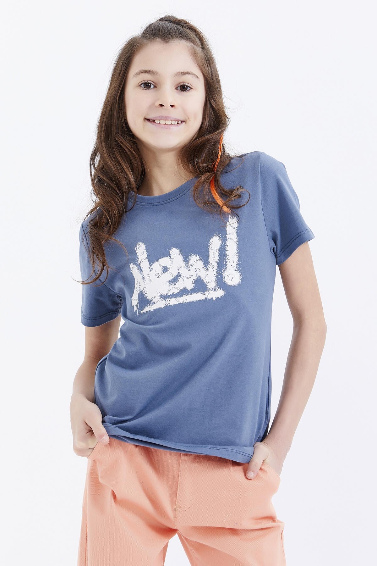 <tc>T-shirt fille à col rond, coupe décontractée avec imprimé texte - 75041</tc>